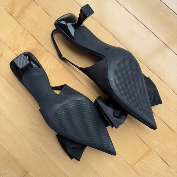 ZARA - NEW black satin pointy toed slingback heels with bow - size 39 - Picture 4 of 4